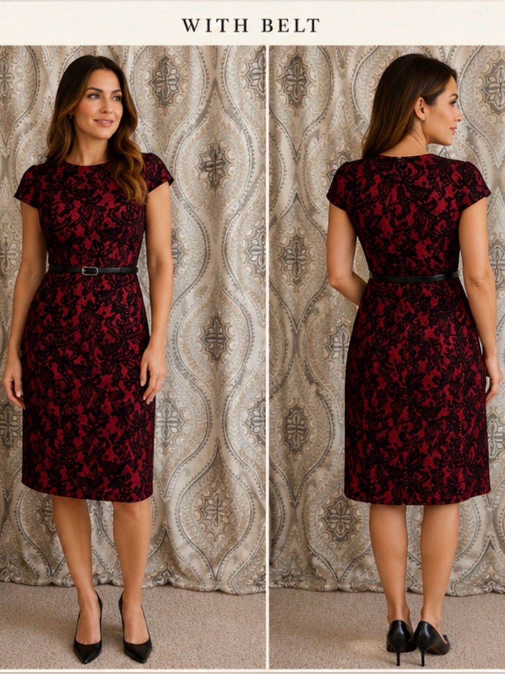 Alyx Petite Red & Black Lace Sheath Dress with Belt | Size 4P - Picture 2 of 11